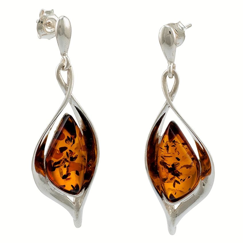 E086 - Cognac Amber Sterlibg Silver Scandi Drop Earrings