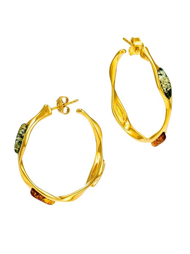 E095-404  Multicolour amber and gold plated silver hoop earrings