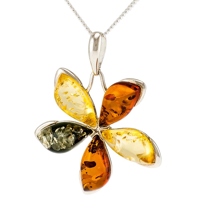 P063-256  Multicolour Amber stones set in Silver flower Pendant 