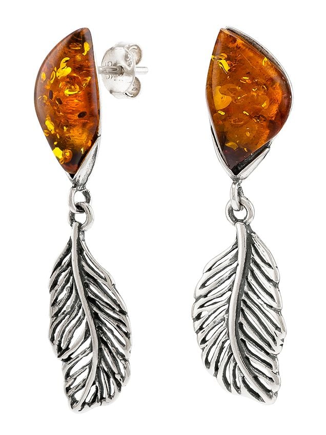 E094-413 Amber Feather Drop Earrings, Silver/Cognac