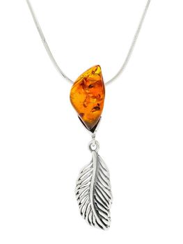 P086-204  Amber Feather Pendant Necklace, Silver/Cognac