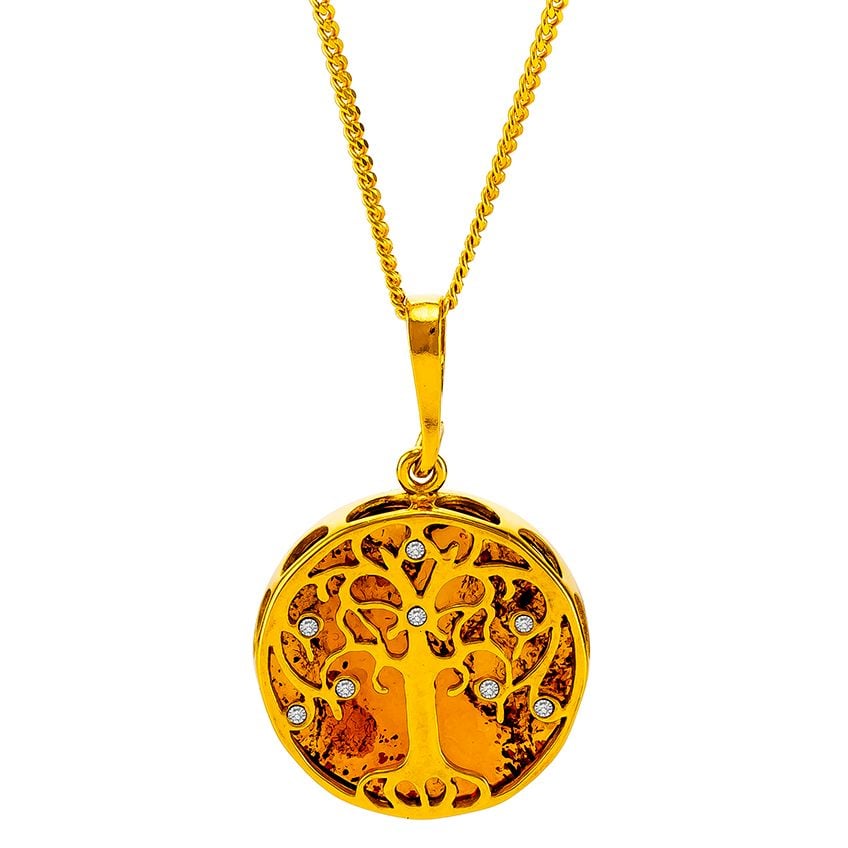 P074-218  Amber and Cubic Zirconia Tree Pendant Necklace, Gold/Cognac