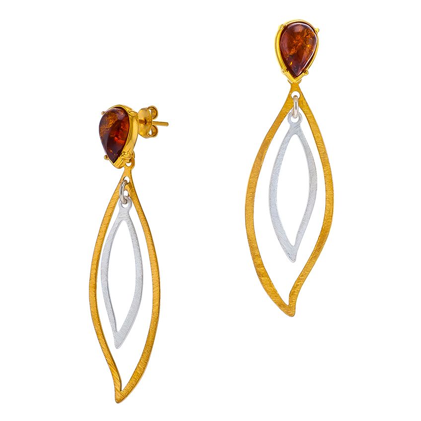 443-Baltic Amber Double Leaf Drop Earrings, Gold/Silver