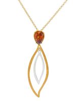 P083-101-Pear Shape Amber Double Leaf Pendant Necklace, Gold/Silver