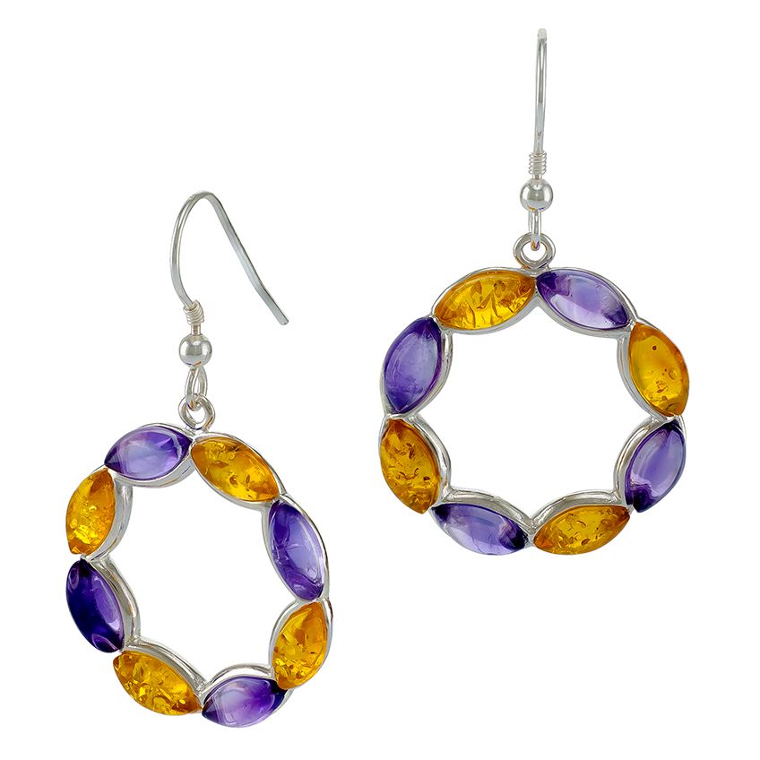 E084-414 Amethyst, Lemon Amber Silver Drop Hook Earrings