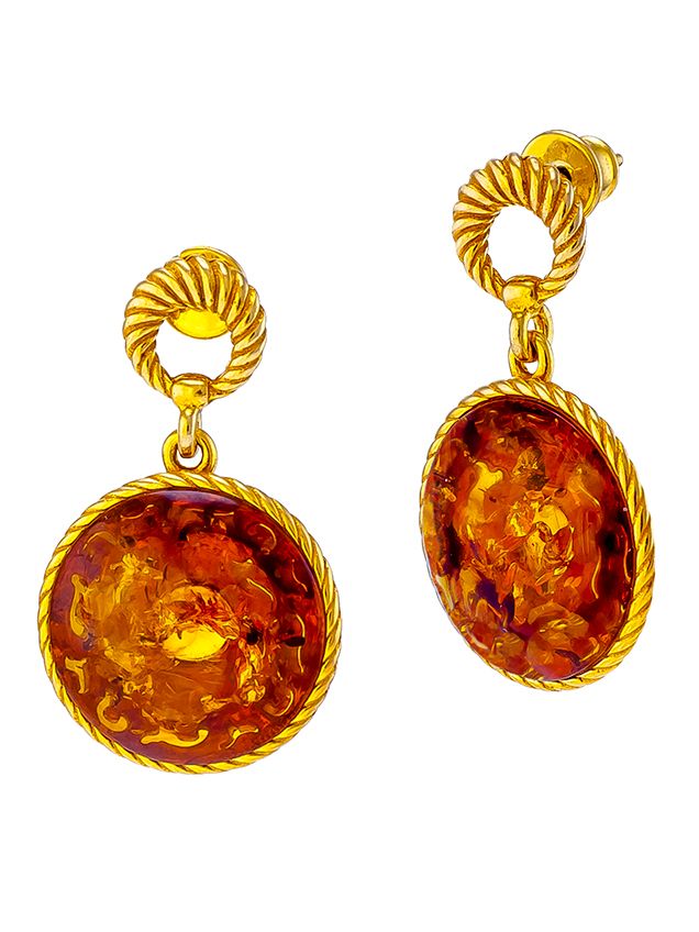 Cognac Amber drop stud earrings in gold plated silver