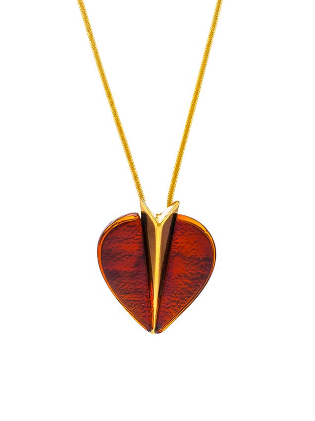 P090  Cognac Amber and Gold plated silver heart pendant