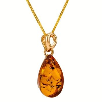 P080-236   Teardrop Amber Pendant Necklace, Gold/Cognac