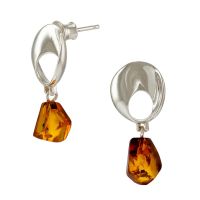 E087-435  Scandi Silver Cognac Amber Drop  Earrings