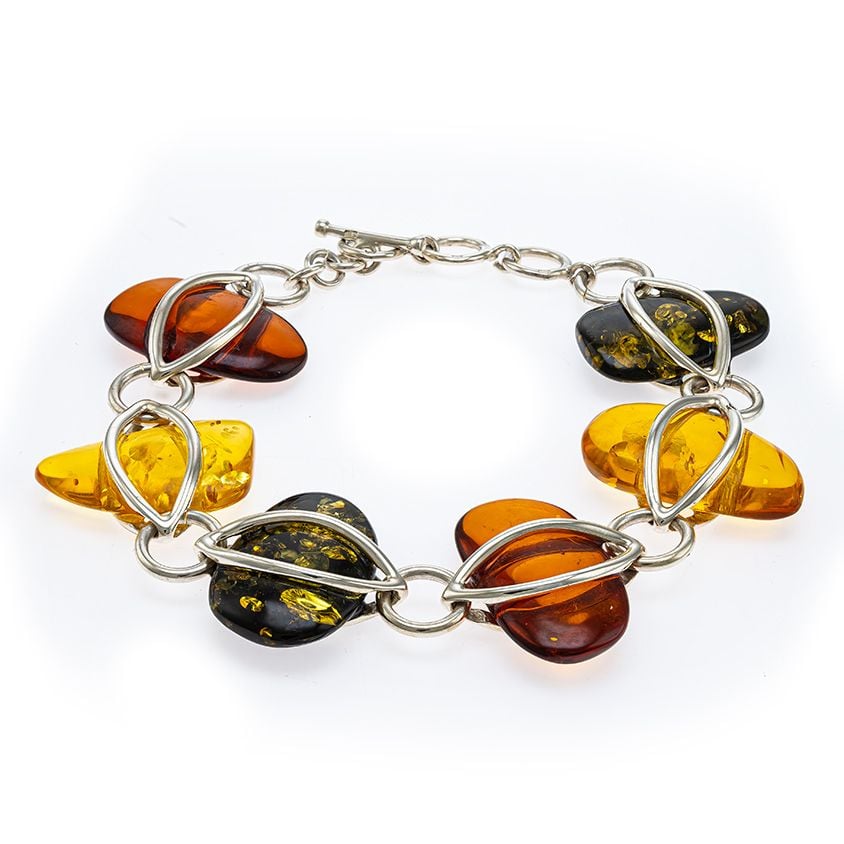 D031 Sliced Multicolour Amber Silver Pebbles Bracelet