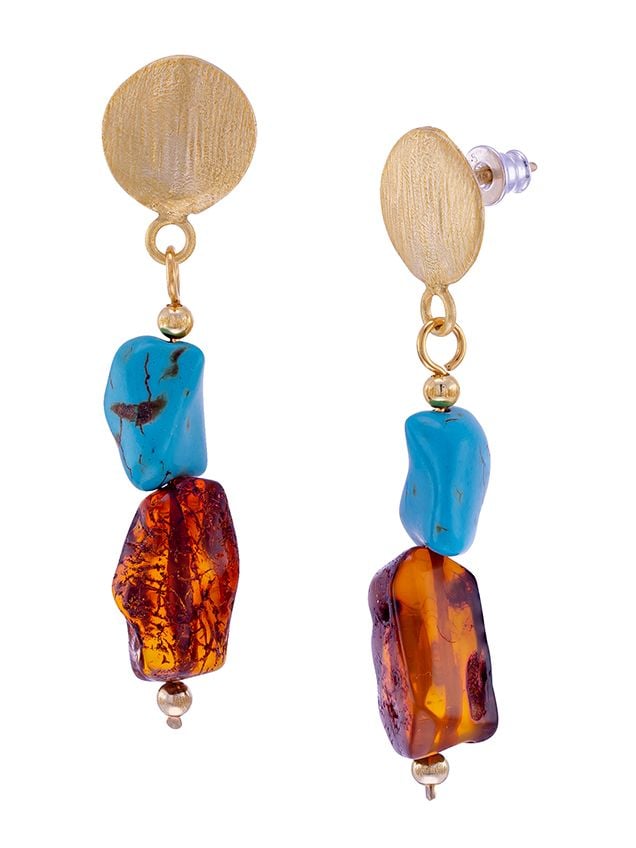 E107 - 421 Cognac Amber, turquoise and gold  tone silver stud earrings 