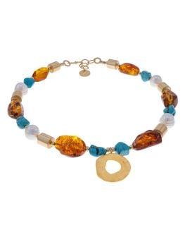 N030 - 239 Baltic Amber, Pearl and turquoise necklace