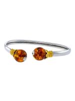 A008 - 312 Cognac Amber with gold plated silver flower and silver open flexible bangle