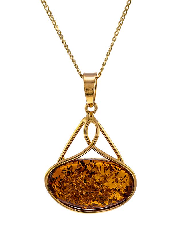 Oval shape cognac Amber and  gold plated sterling silver pendant.