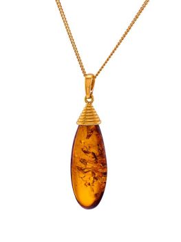 P095 - 229 Cognac Baltic Amber  Lozenge drop pendant with wrapped gold plated silver