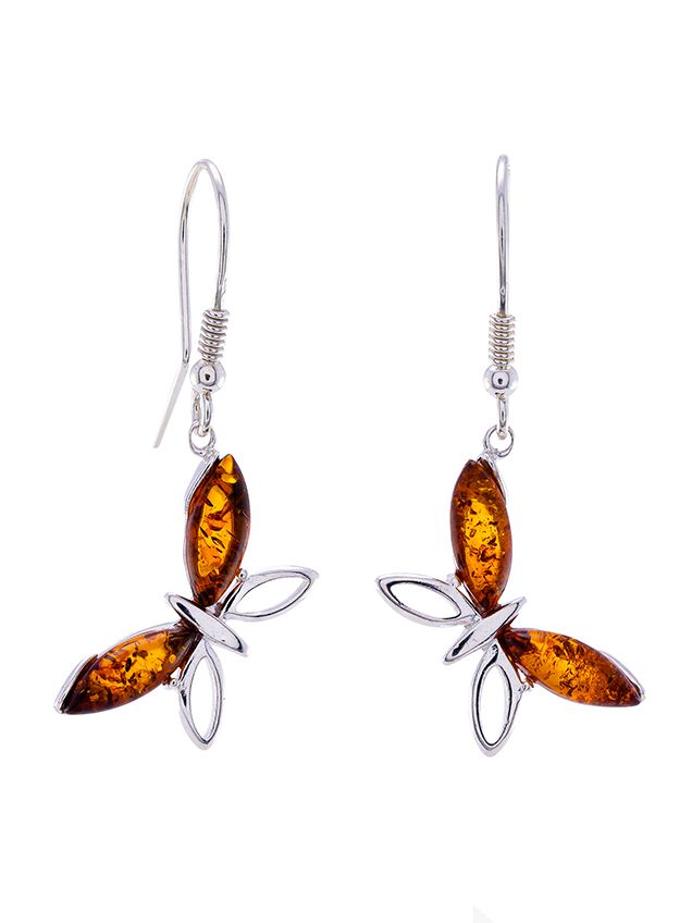 Baltic Cognac Amber and Sterling silver butterfly drop earrings