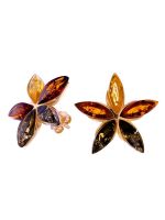 E109 - 402 Multicolour amber and gold plated flower stud earrings.
