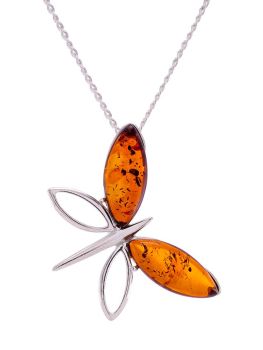 P100- 203 - Cognac Amber and Sterling sivler butterfly pendant