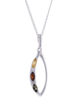 P102 - 219 Multicolour Amber and sterling silver pendnat on sterling silver curb chain.