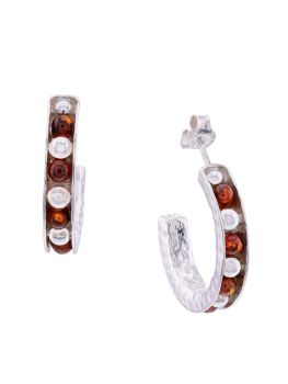 E113 - 102 Cognac amber bead and textured silver mini stud earrings