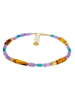 N033 Amber-Amethyst-Amazonite Gold Necklace