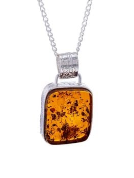 P104 - 215 Cognac Amber and silver Pendant with chain.