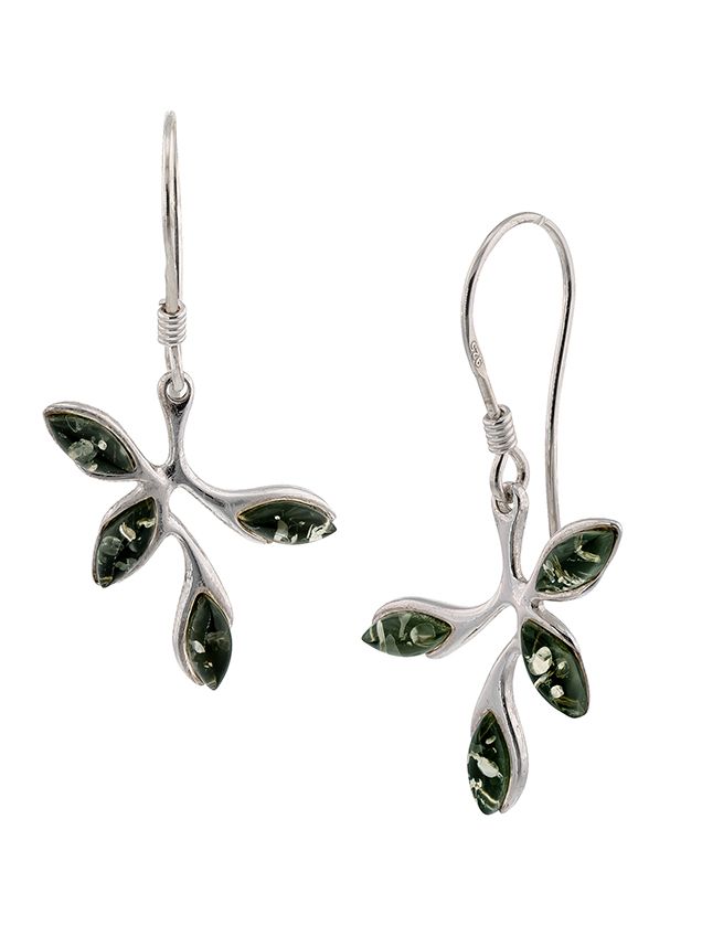 E117 - 407 Green Amber and sivler leaf drop earrings