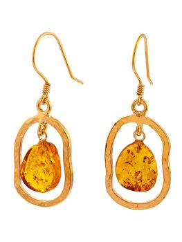 E118 - 433 Cognac Amber gold plated silver hoop drop earrings.