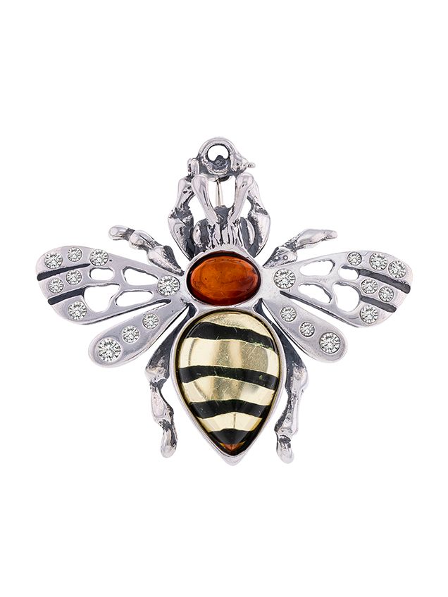 H020 - 613 Baltic Multicolour Amber, cubic zirconias & silver Bee brooch