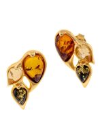 E122 - 439 -  Multicolour Amber and gold plated earrings lemon, cognac and green Amber.