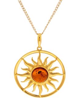 P109 - 242 - Cognac Amber and gold plated Sun silver pendant.