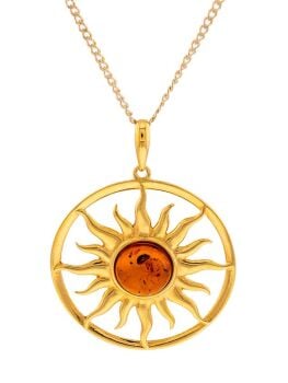 P109 - 242 - Cognac Amber and gold plated Sun silver pendant.