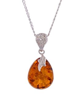 P111 - 206 -  Cognac Amber and silver leaf pendant