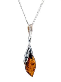 P113 - 220 - Cognac Amber and sterling silver silver leaf pendant.