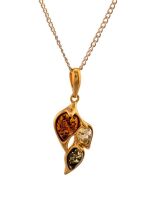 P114 - 224 -  Multicolour Amber and gold plated pendant.