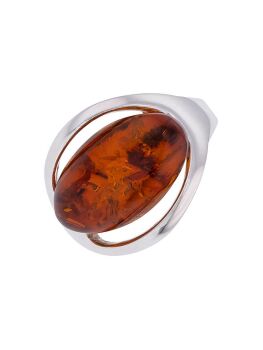 R016 - 503 - Baltic Cognac oval amber and sterling silver mount ring.