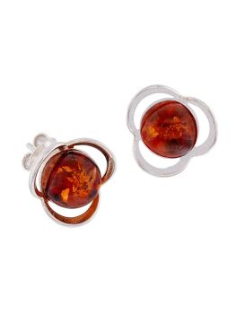 E131 - 415 -  Amber & silver flower mount stud earrings