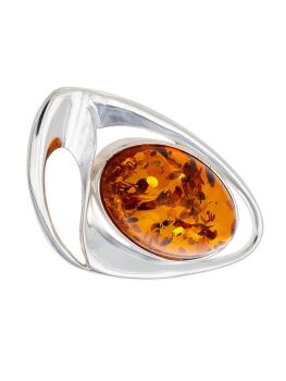 H021 - 614 - Oval Cognac Amber and silver brooch.