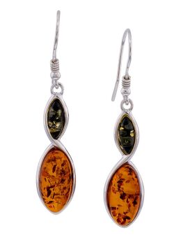 E129 - 418 - Green & Cognac Amber set in silver drop earrings