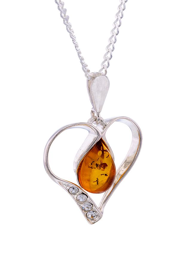 P118 - 213 -  Cognac Amber tear drop pendant set in a sterling silver heart