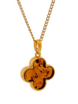P121 - 249 - Cognac Amber Gold Plated SIlver Clover Pendant