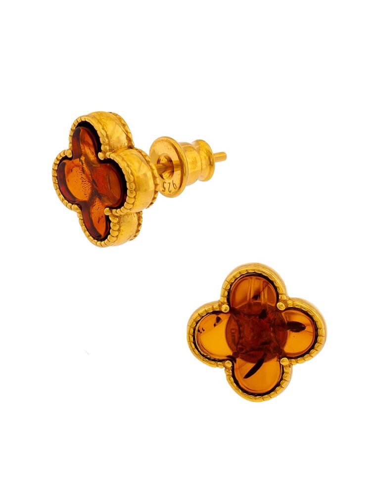 E137 - 427 - Cognac Amber and gold plated silver clover earrings.