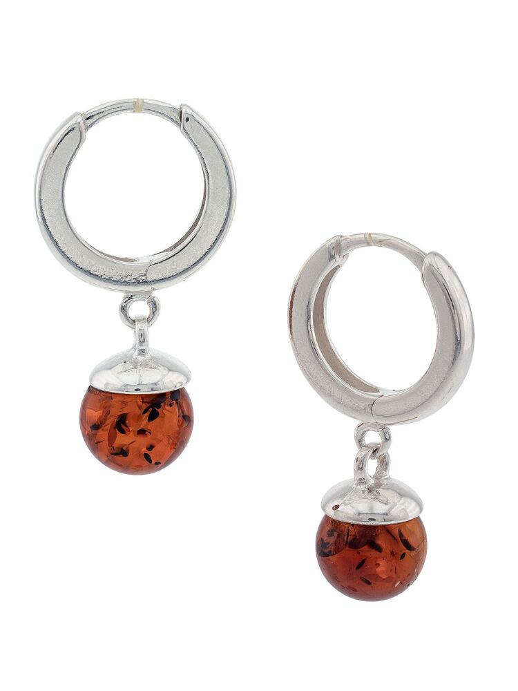 E136 - 431 - Cognac Amber and silver huggie hoop earrings.