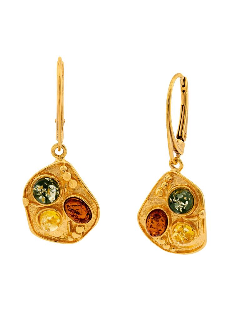 E132 - 443 - Multicolour amber drop earrings set in gold plated silver.