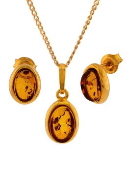 Z010 - 704 Gift Set: Amber & gold-plated silver oval pendant & stud earrings
