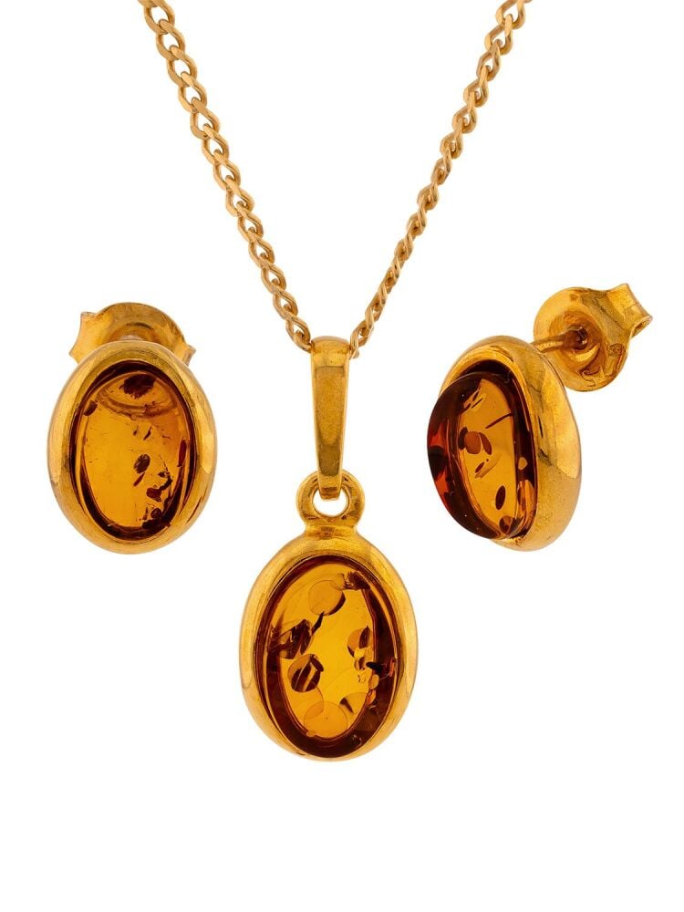 Z010 - 704 Amber & gold-plated silver oval pendant & stud earrings Gift Set