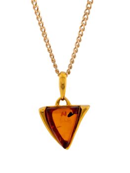 P124 - 245 Pendant Necklace: cognac amber triangle pendant set in gold plated silver.