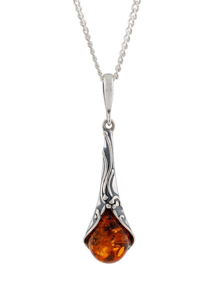 P122 - 248 Pendant Necklace: Cognac Amber & sterling silver Art Nouveau pen