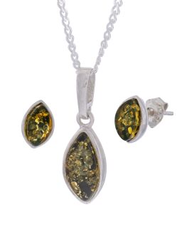 Z011 - 702 - Marquise cut Baltic Green Amber Silver earrings and pendant Gift Set