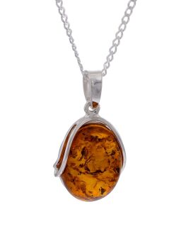 P127 - 255 - Cognac Oval Amber pendant in sterling silver on a sivler chain.